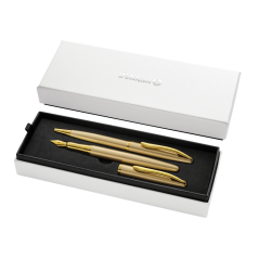 Coffret stylo bille et stylo plume Pelikan Jazz Noble - Corps satiné avec détails chromés - Coffret cadeau inclus - Couleur or