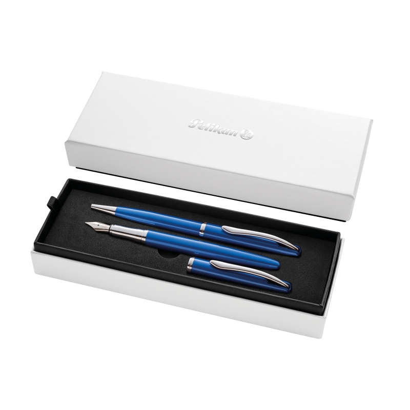Coffret stylo bille et stylo plume Pelikan Jazz Noble - Corps satiné avec détails chromés - Coffret cadeau inclus - Couleur saph