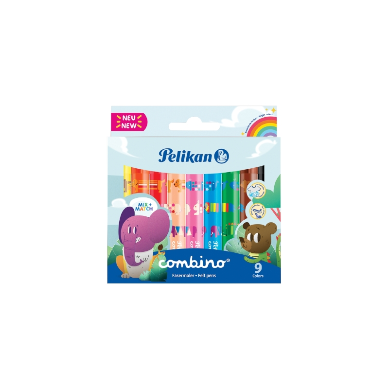 Lot de 9 feutres colorés Pelikan Combino Jumbo - Lavables - Non toxiques - 2 épaisseurs de trait - Pointe en fibre - Couleurs as