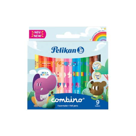 Lot de 9 feutres colorés Pelikan Combino Jumbo - Lavables - Non toxiques - 2 épaisseurs de trait - Pointe en fibre - Couleurs as