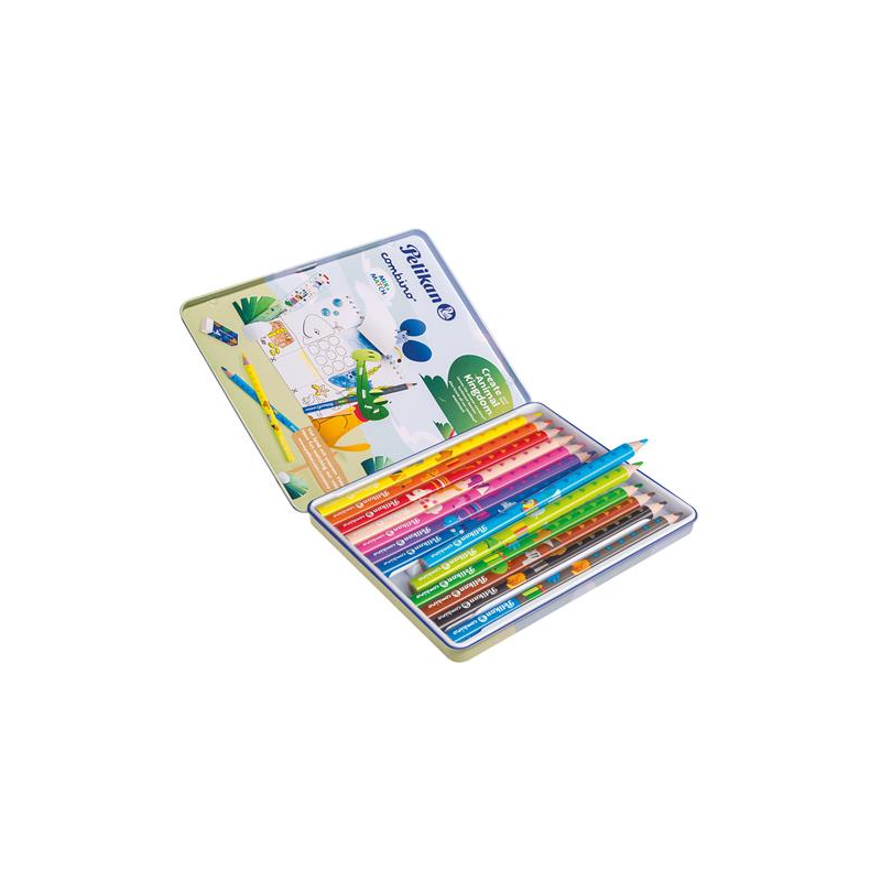 Pelikan - Boîte de 12 crayons de couleur jumbo - Boîte en métal - Forme triangulaire - Corps décoré - Lavables - Non toxiques -