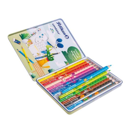 Pelikan - Boîte de 12 crayons de couleur jumbo - Boîte en métal - Forme triangulaire - Corps décoré - Lavables - Non toxiques -