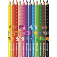 Pelikan - Boîte de 12 crayons de couleur jumbo - Boîte en métal - Forme triangulaire - Corps décoré - Lavables - Non toxiques -