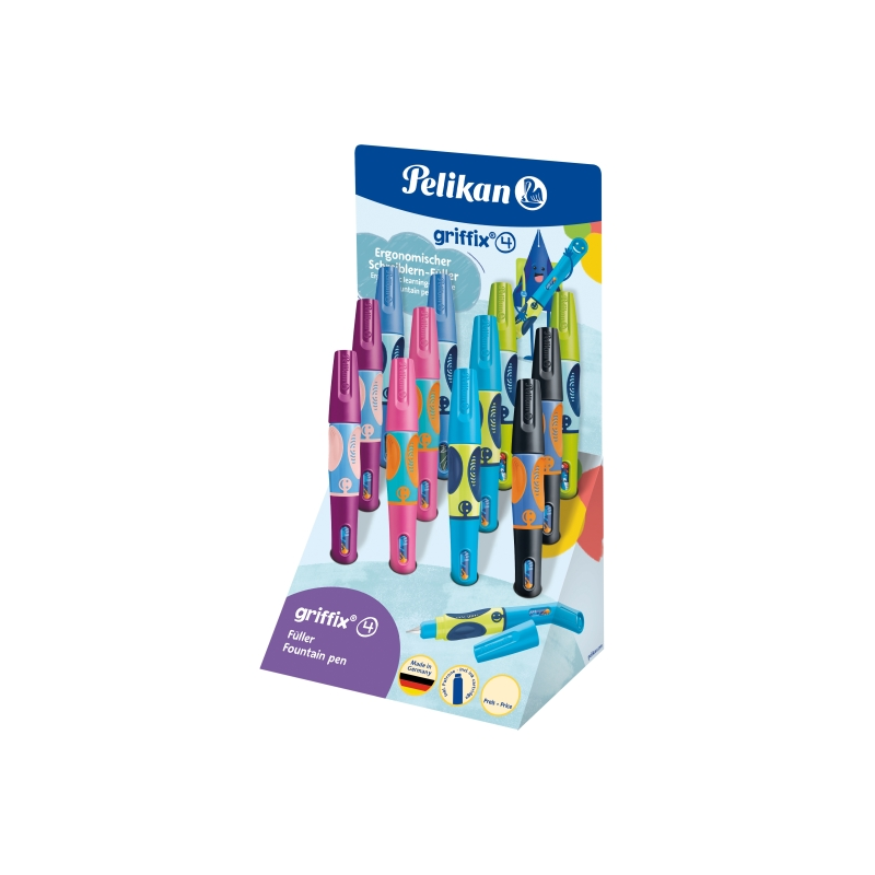 Présentoir Pelikan Griffix avec 12 stylos-plumes pour droitiers - Plume en acier inoxydable - 3 points de préhension avec indica