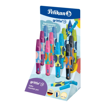 Présentoir Pelikan Griffix avec 12 stylos-plumes pour droitiers - Plume en acier inoxydable - 3 points de préhension avec indica