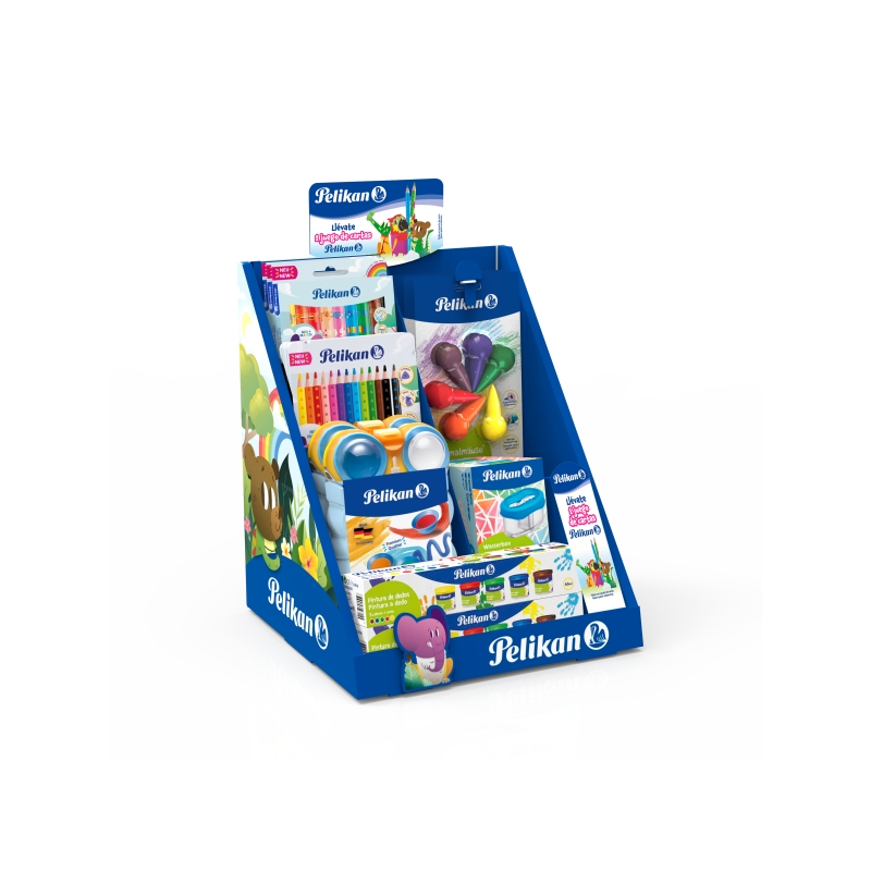 Présentoir Pelikan Hobbies avec 14 produits de loisirs créatifs : feutres géants, crayons de couleur géants, aquarelles, récipie