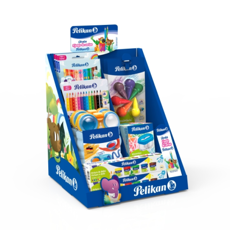 Présentoir Pelikan Hobbies avec 14 produits de loisirs créatifs : feutres géants, crayons de couleur géants, aquarelles, récipie