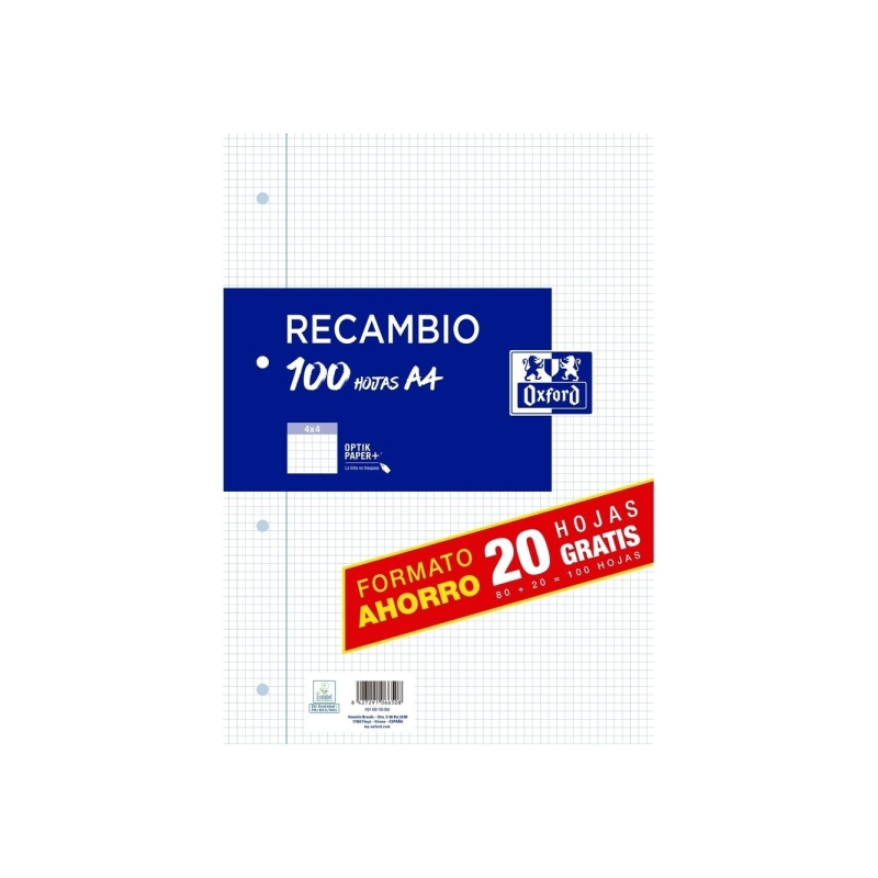 Recharge Oxford Format A4 Carré 4x4mm 4 Trous - 80 Feuilles + 20 90gr Offertes avec Marge