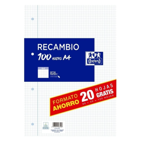 Recharge Oxford Format A4 Carré 4x4mm 4 Trous - 80 Feuilles + 20 90gr Offertes avec Marge
