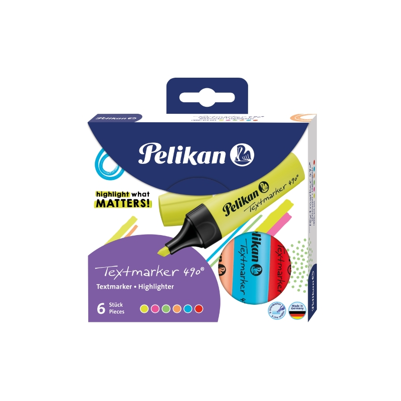 Pelikan Textmarker 490, lot de 6 marqueurs fluorescents à base d'eau, pointe biseautée, 3 épaisseurs de trait, couleurs assortie