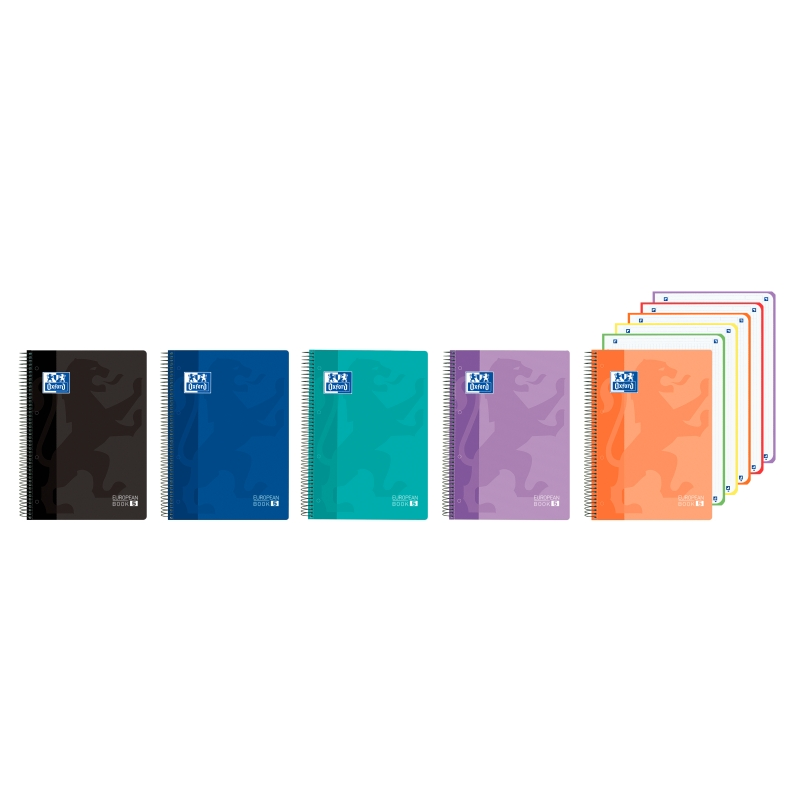 LOT de 5 Cahier à spirale Oxford - Format A4+ - 120 feuilles - Quadrillage 5x5 mm - Couverture plastique - Couleurs vives assort