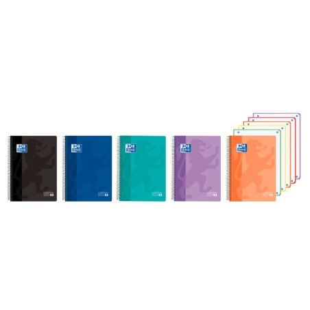 LOT de 5 Cahier à spirale Oxford - Format A4+ - 120 feuilles - Quadrillage 5x5 mm - Couverture plastique - Couleurs vives assort