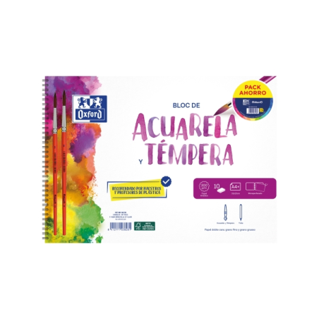 Bloc de papier aquarelle Oxford à spirale - Format A4 - Pinceaux inclus - 10 feuilles de 300 g