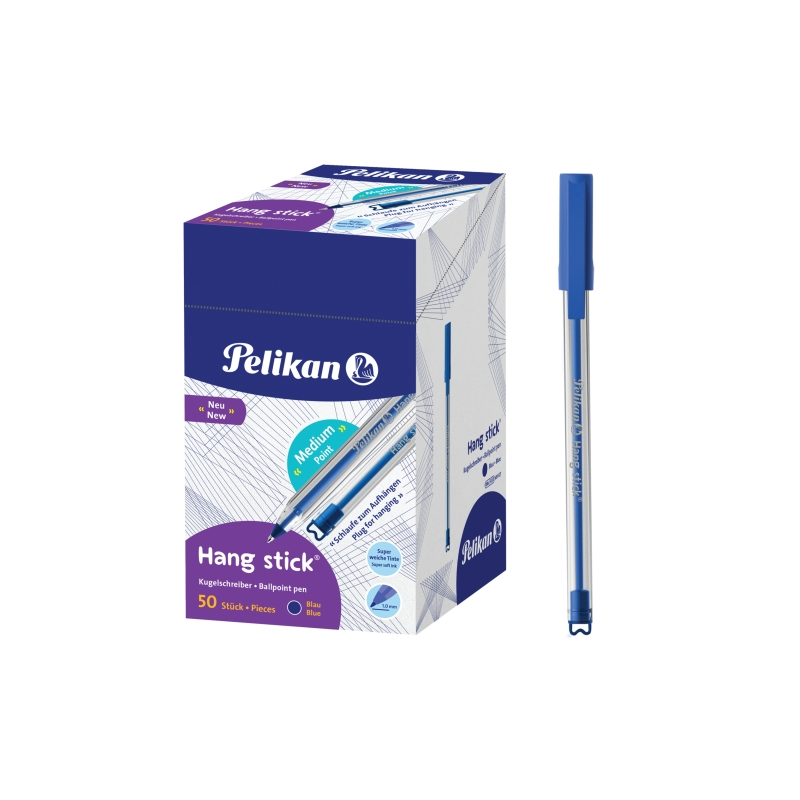 LOT de 50 Stylo bille Pelikan Hang Stick - Pointe de 1 mm - Capuchon anti-étouffement - Corps triangulaire ergonomique - Crochet