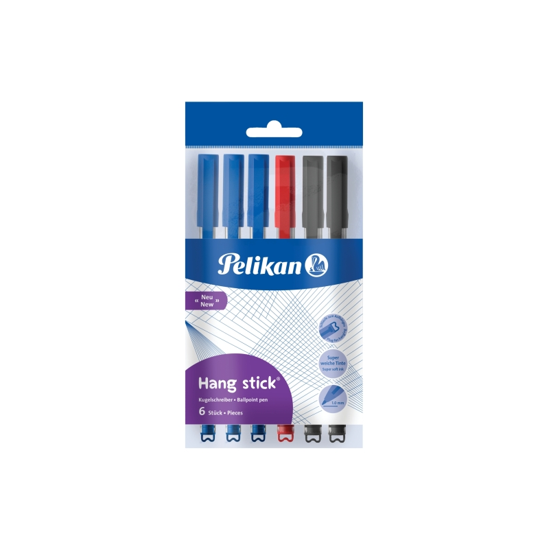 Lot de 6 stylos Pelikan Hang Stick de couleur - Pointe de 1 mm - Capuchon anti-étouffement - Corps triangulaire ergonomique - Cr