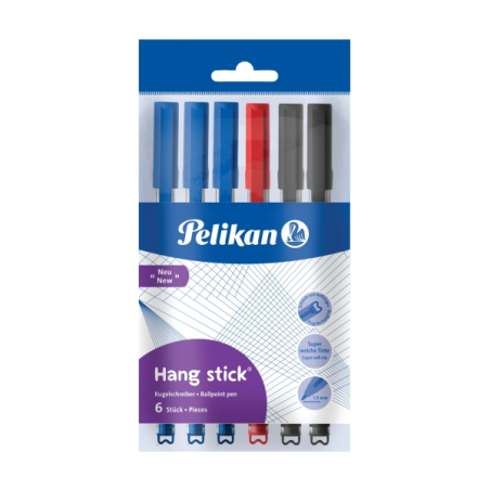 Lot de 6 stylos Pelikan Hang Stick de couleur - Pointe de 1 mm - Capuchon anti-étouffement - Corps triangulaire ergonomique - Cr