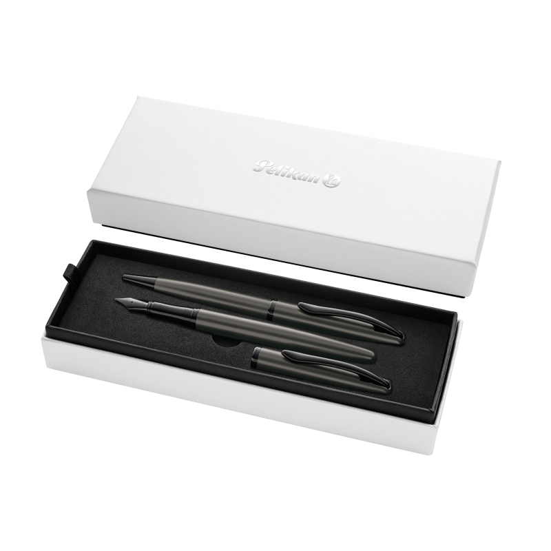 Coffret stylo bille et stylo plume Pelikan Jazz Noble - Corps satiné avec détails chromés - Coffret cadeau inclus - Gris foncé