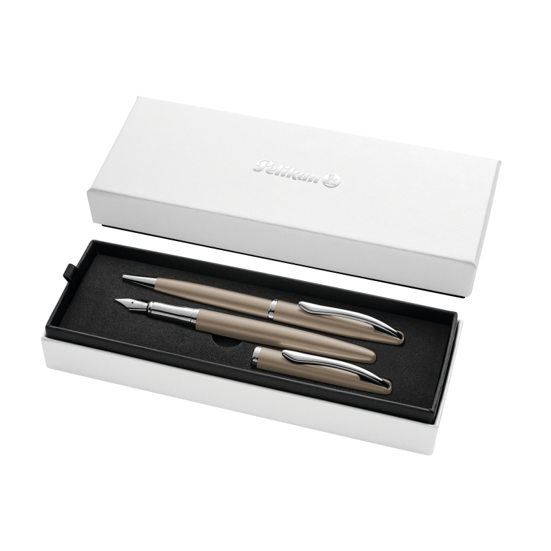 Coffret stylo bille et stylo plume Pelikan Jazz Noble - Corps satiné et détails chromés - Coffret cadeau inclus - Marron