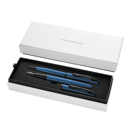 Coffret stylo bille et stylo plume Pelikan Jazz Noble - Corps satiné avec détails chromés - Coffret cadeau inclus - Couleur aigu