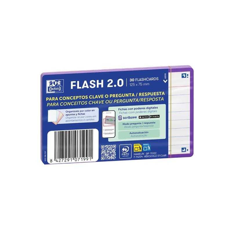 Lot de 30 fiches questions/réponses Oxford - Format A7 - Lignée horizontalement (1 ligne) - Papier cartonné 250 g/m² - Numérisat