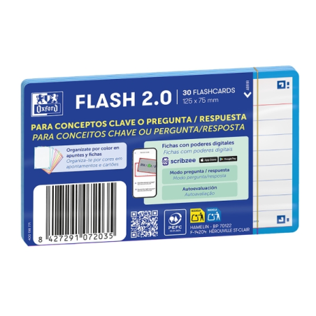 Lot de 30 fiches questions/réponses Oxford - Format A7 - Lignées horizontalement (1 ligne) - Papier cartonné 250 g/m² - Numérisa