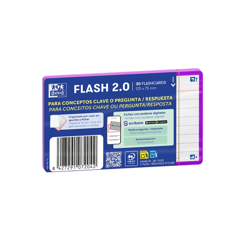 Lot de 30 fiches questions/réponses Oxford - Format A7 - Lignée horizontalement (1 ligne) - Papier cartonné 250 g - Numérisation