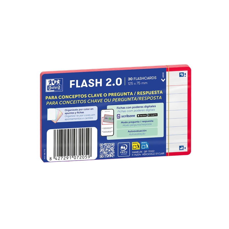 Lot de 30 fiches questions/réponses Oxford - Format A7 - Lignée horizontalement (1 ligne) - Papier cartonné 250 g - Numérisation