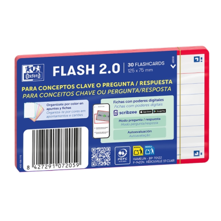 Lot de 30 fiches questions/réponses Oxford - Format A7 - Lignée horizontalement (1 ligne) - Papier cartonné 250 g - Numérisation