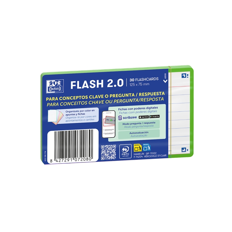 Lot de 30 fiches questions/réponses Oxford - Format A7 - Lignées horizontalement (1 ligne) - Papier cartonné 250 g/m² - Numérisa