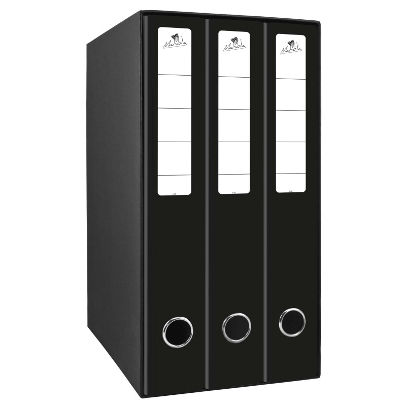 Mariola Box Module de 3 Classeurs avec Rado 2 Anneaux 40mm - Taille 35x26x17cm - Carton Ligné - Couleur Noir