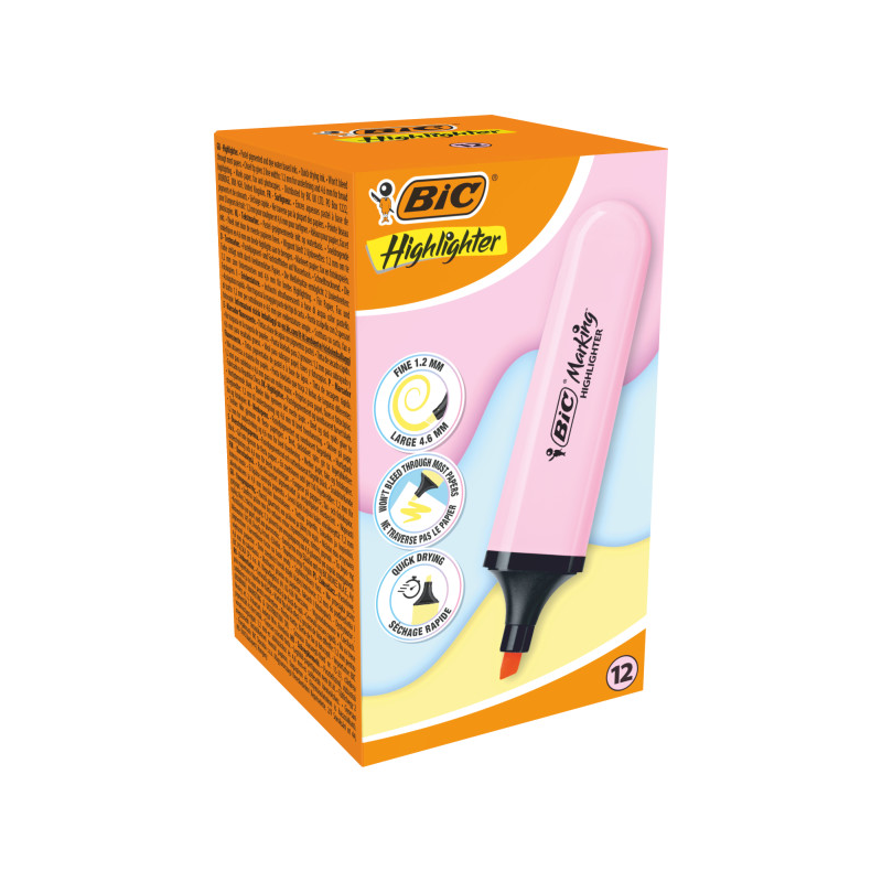 LOT de 12 Marqueur plat fluorescent Bic Marking Marking - Pointe biseautée - Tracé entre 1,20 et 4,60 mm - Encre à base d'eau -