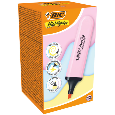 LOT de 12 Marqueur plat fluorescent Bic Marking Marking - Pointe biseautée - Tracé entre 1,20 et 4,60 mm - Encre à base d'eau -