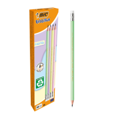 LOT de 12 Crayon graphite hexagonal Bic Evolution Pastel avec gomme - Mine HB ultra-résistante - Sans bois - Sans échardes - Cou