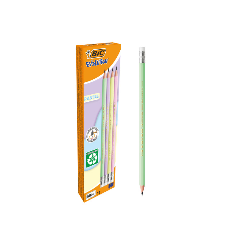 LOT de 12 Crayon graphite hexagonal Bic Evolution Pastel avec gomme - Mine HB ultra-résistante - Sans bois - Sans échardes - Cou
