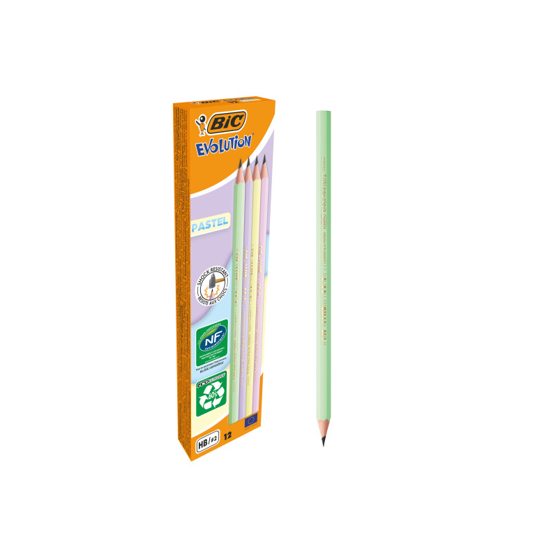 LOT de 12 Crayon graphite hexagonal Bic Evolution Pastel - Mine HB ultra-résistante - Sans bois - Sans échardes - Couleurs paste