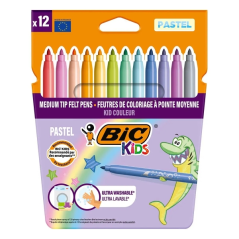 Lot de 12 feutres Bic Kids aux couleurs pastel - Pointe moyenne - Lavables - Couleurs pastel assorties