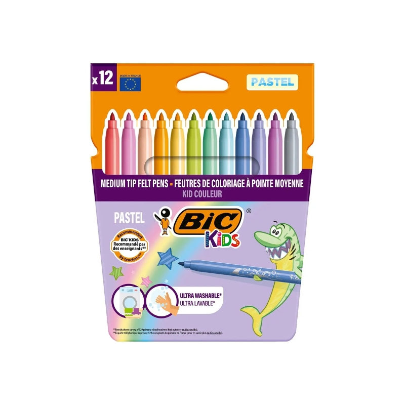 Lot de 12 feutres Bic Kids aux couleurs pastel - Pointe moyenne - Lavables - Couleurs pastel assorties
