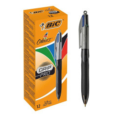 LOT de 12 Stylo bille rétractable Bic Grip Pro 4 couleurs - Pointe 1 mm - Largeur de trait 0,4 mm - Encre à base d'huile - Corps