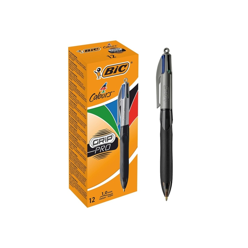LOT de 12 Stylo bille rétractable Bic Grip Pro 4 couleurs - Pointe 1 mm - Largeur de trait 0,4 mm - Encre à base d'huile - Corps