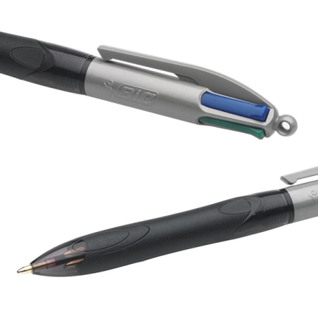 LOT de 12 Stylo bille rétractable Bic Grip Pro 4 couleurs - Pointe 1 mm - Largeur de trait 0,4 mm - Encre à base d'huile - Corps
