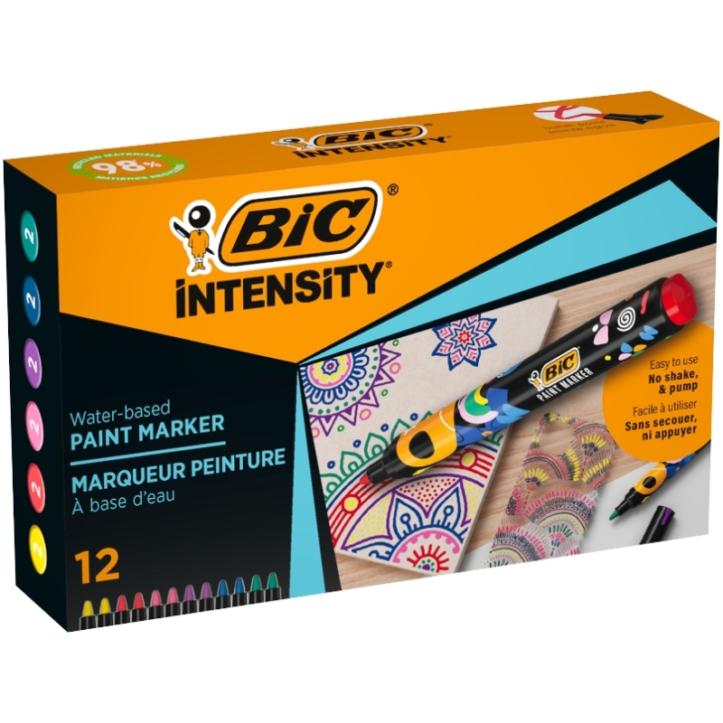 Lot de 12 marqueurs peinture Bic Intensity - Pointe moyenne - Encre à base d'eau - 98 % de matériaux recyclés - Couleurs vives a