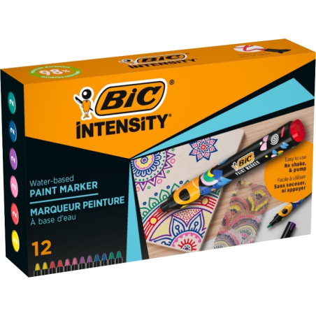 Lot de 12 marqueurs peinture Bic Intensity - Pointe moyenne - Encre à base d'eau - 98 % de matériaux recyclés - Couleurs vives a