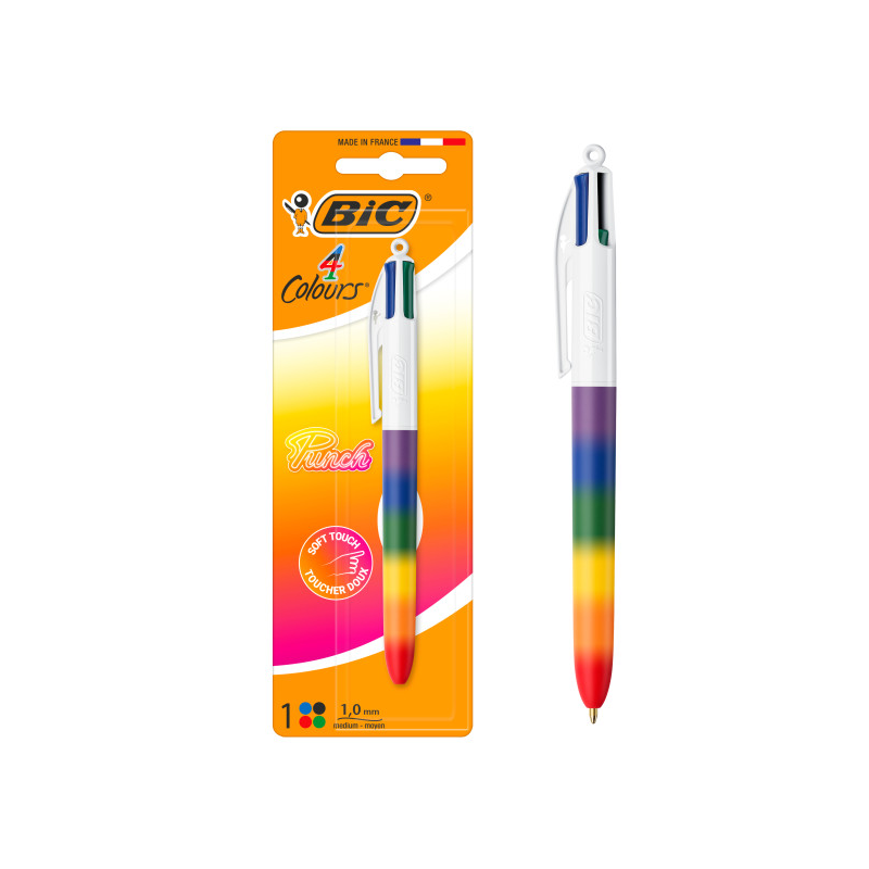 Stylo bille rétractable Bic Rainbow Punch 4 couleurs - Pointe moyenne 1,0 mm - Encre à base d'huile - Corps multicolore - 4 coul