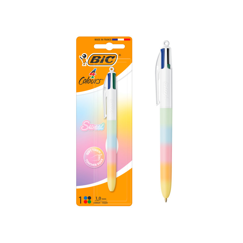 Stylo bille rétractable Bic Rainbow Sweet 4 Couleurs - Pointe moyenne 1,0 mm - Encre à base d'huile - Corps multicolore - 4 coul