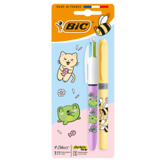 Pack Bic 4 Couleurs Décors Kawaii avec 1 stylo bille rétractable pastel + 1 surligneur pastel (couleur aléatoire) - Pointe moyen