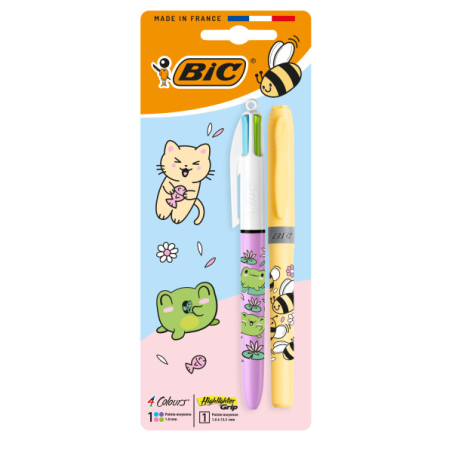 Pack Bic 4 Couleurs Décors Kawaii avec 1 stylo bille rétractable pastel + 1 surligneur pastel (couleur aléatoire) - Pointe moyen