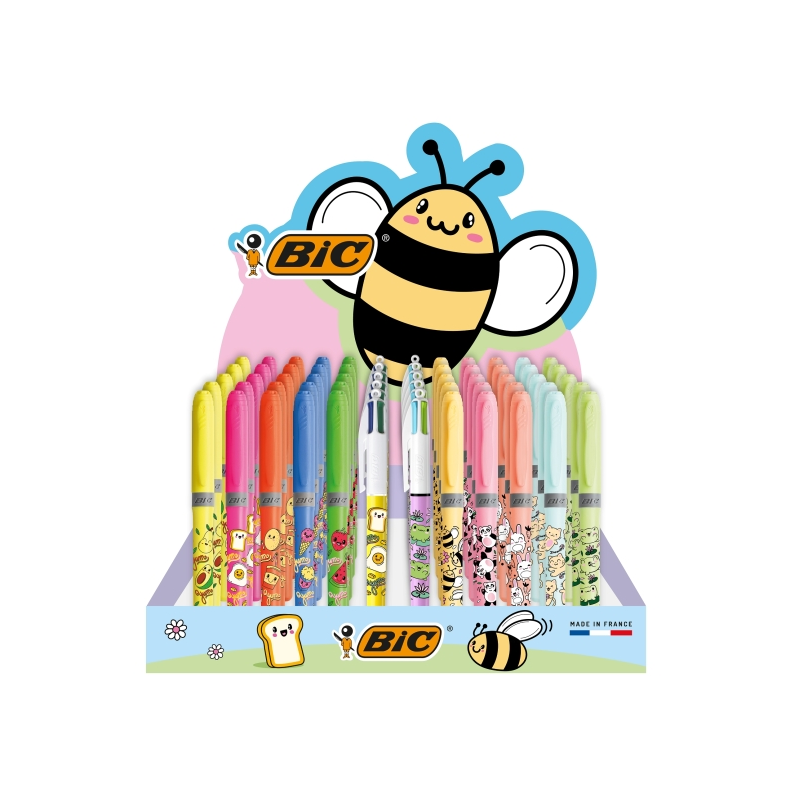 Pack Bic Kawaii de 144 unités + Présentoir d'une capacité de 60 unités - Comprend 120 marqueurs surligneurs fluorescents de coul