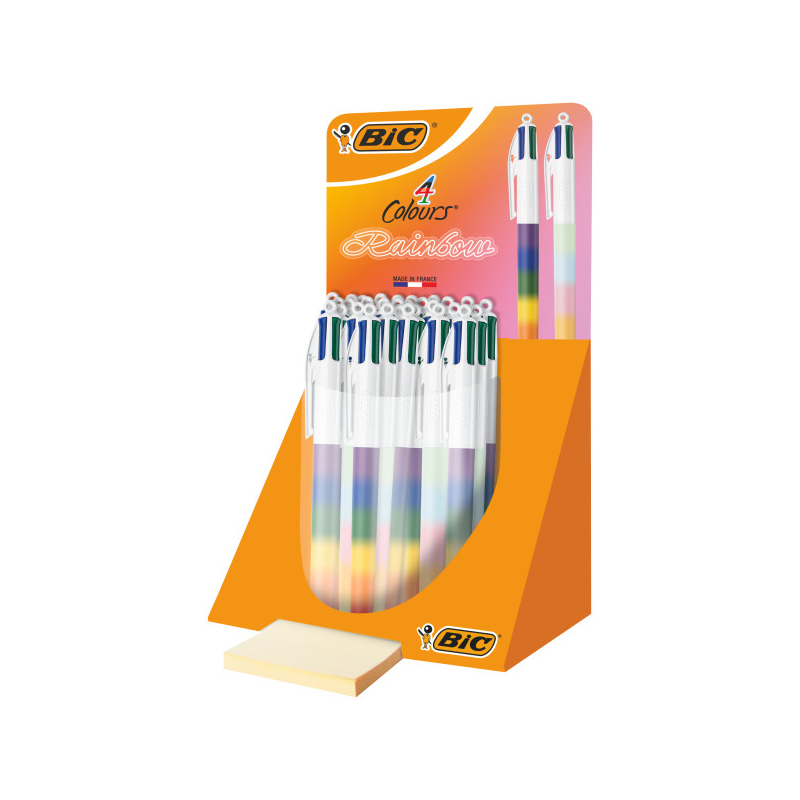 Présentoir Bic Arc-en-ciel 4 Couleurs avec 30 stylos à bille rétractables - Pointe moyenne 1,0 mm - Encre à base d'huile - Corps