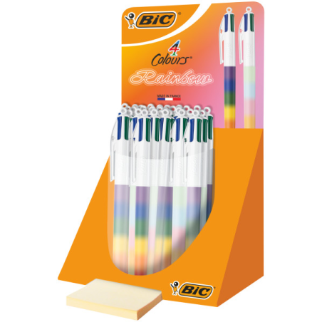 Présentoir Bic Arc-en-ciel 4 Couleurs avec 30 stylos à bille rétractables - Pointe moyenne 1,0 mm - Encre à base d'huile - Corps