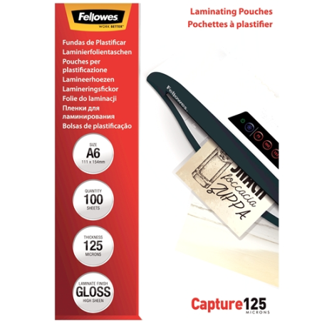 Fellowes Lot de 100 pochettes de plastification 125 microns – Format A6 – Utilisez des flèches indicatrices – Finition brillante
